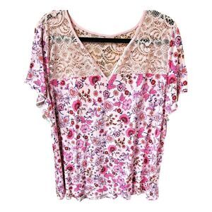 TORRID NEW Floral Jersey Knit Super Soft Slub Lace Yoke Flutter Sleeve Top